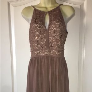 Morgan and Co Lace Keyhole Tie Back Halter Dress